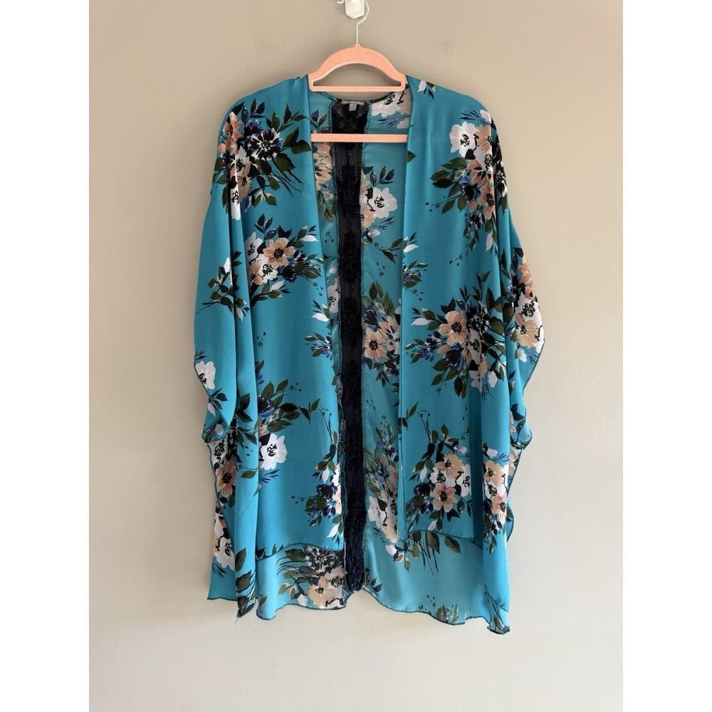 Floral Kimono Cardigan Lace Crochet Sheer Cottage Beach Boho Open Front Duster M - Picture 6 of 15